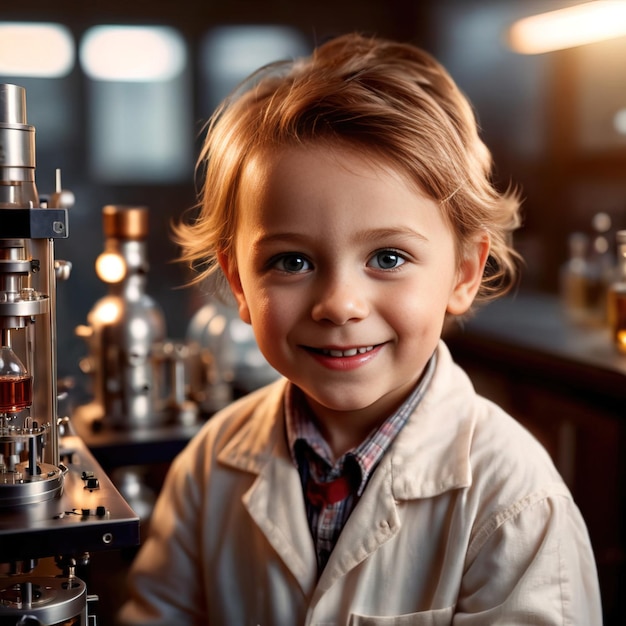 Foto esperimento di un giovane scienziato in laboratorio allegro e sicuro di sé