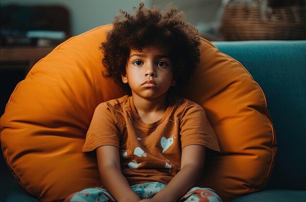 a young child sitting on a cushion looking sad in the style of bold colorism