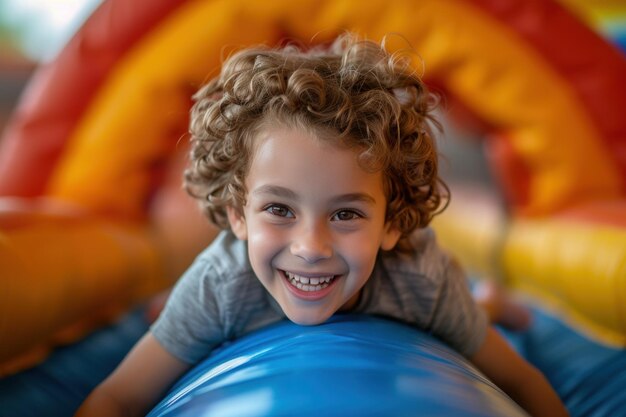 Young Child Smiles While Laying on a Bouncy