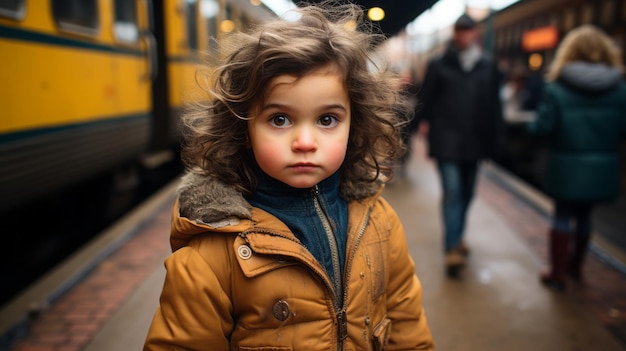 기차 앞에 서있는 어린 아이