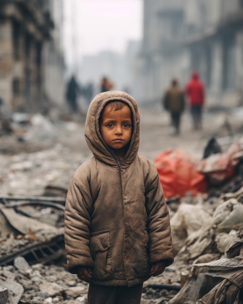 Foto un bambino in piedi in mezzo a una città distrutta
