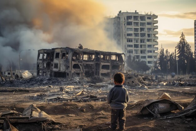 Young Child Stands Before WarTorn Cityscape Amidst Destroyed Vehicles and Buildings