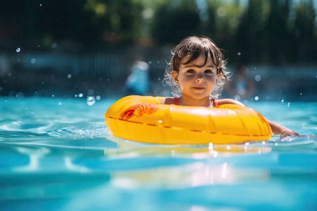 A young child swimming in a pool with bright inflatable water wings