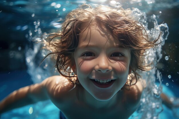 young child swimming underwater in a pool surrounded by playful air bubbles