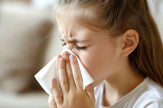 Photo a young child teenager blowing their nose with a tissue during spring allergy season flowers blossom