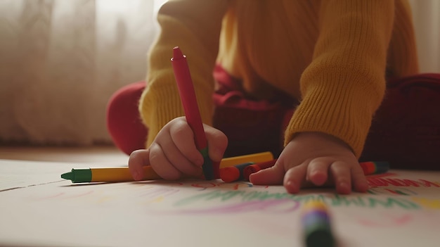 A young child uses colored pencils to create drawings