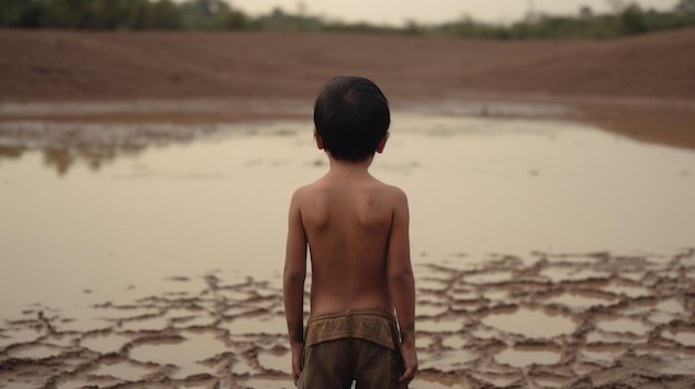 Young child view lack Back view and Water Crisis