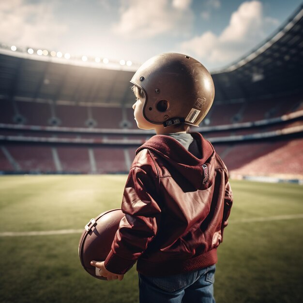 Маленький ребенок в огромном шлеме и с американским футболом в руках стоит в пустой комнате