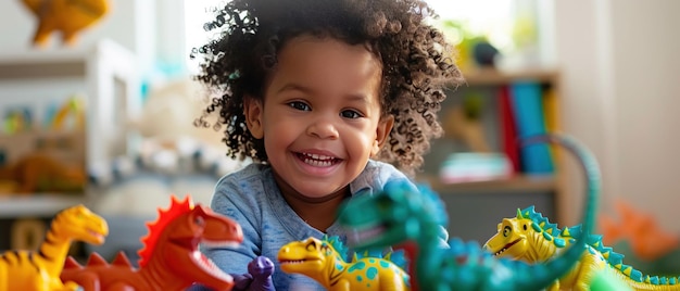 A young child with a bright smile plays with a diverse collection of colorful dinosaur toys