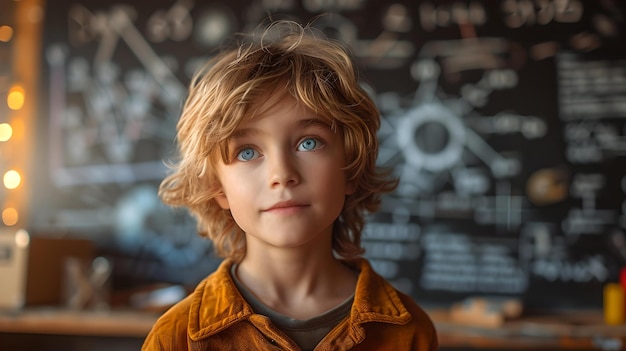 Young child with curious eyes in a classroom setting inspiration and learning concept child genius with a thoughtful expression AI