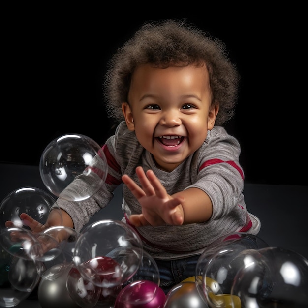 A young child with a striped shirt and blue jeans smiles and holds up a bunch of glass balls.