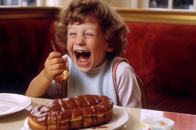 Photo a young childas delighted face as they bite into their first eclair