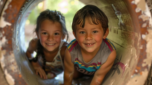 Young Children Happy First Nations Girl and Boy Playing Outdoors in Tunnel