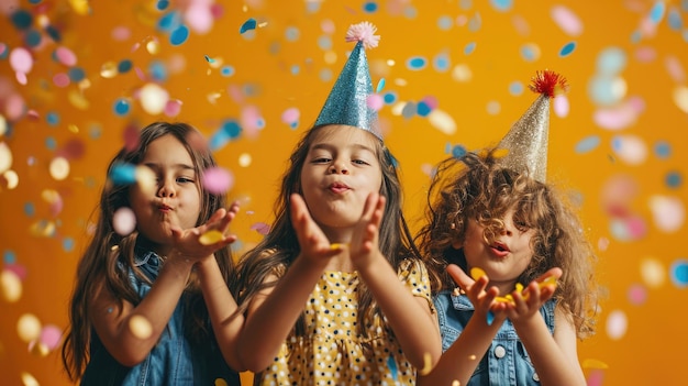 Foto bambini con cappelli da festa soffiano confetti colorati verso la telecamera contro uno sfondo arancione vibrante