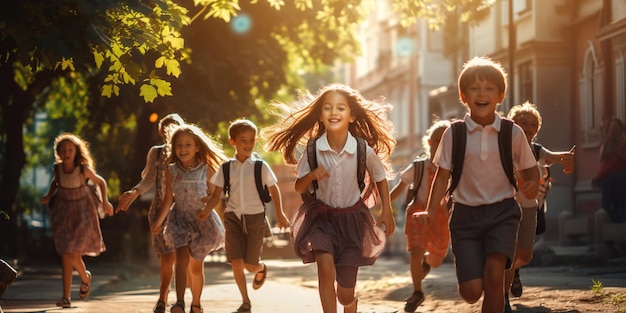 制服を着た幼い子どもたちが、手をつないで興奮しながらおしゃべりしながら学校にやってくる 知識と友情への第一歩 AI ジェネレーティブ AI