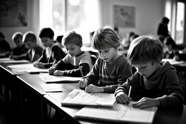 Foto bambini piccoli seduti ai banchi in classe