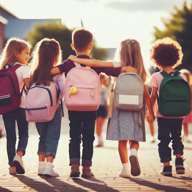 Foto bambini piccoli che camminano insieme in amicizia per tornare a scuola in modo generativo