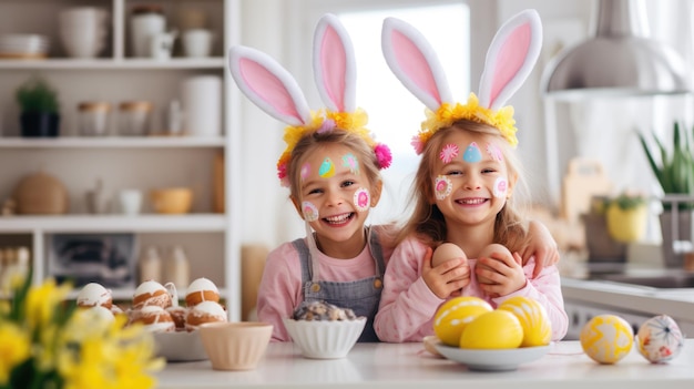 Young children with bunny ears and Easterthemed face stickers are smiling at the camera surrounded by Easter eggs and decorations in a bright home kitchen setting