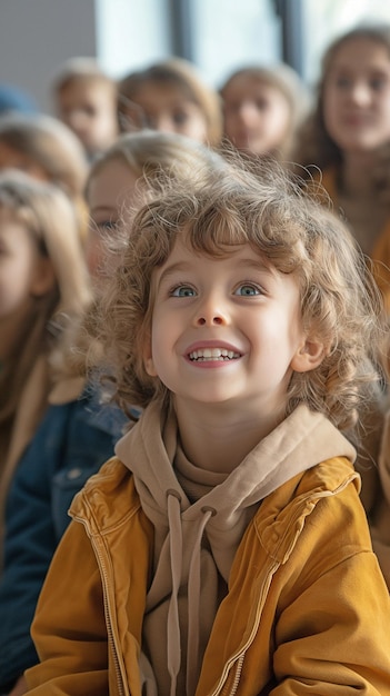 Photo young children yelling out the vowel sounds children in an elementary school sitting in a group