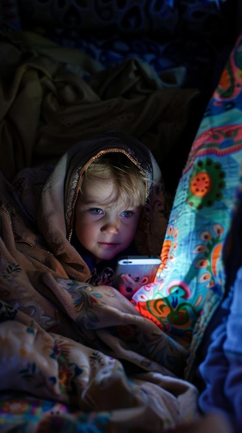 スマートフォンのライトで照らされた幼い子供たちの夜は輝く毛布の中に焦点を当てた顔に輝きを放ち驚きの感覚を呼び起こします