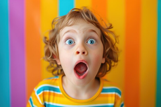 Photo young childs wideeyed and openmouthed expression of surprise against a colorful striped background capturing a moment of pure astonishment and curiosity