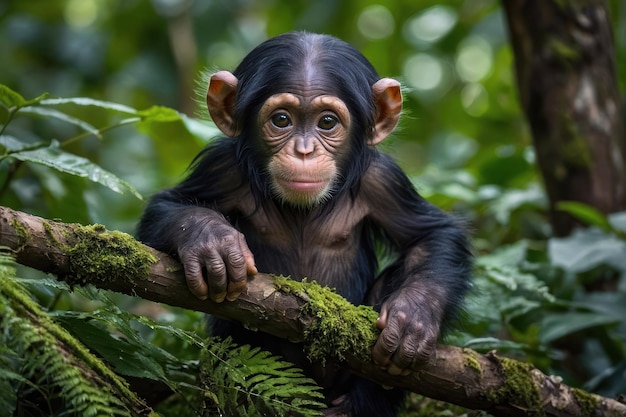 自然の生息地にいる幼いチンパンジー