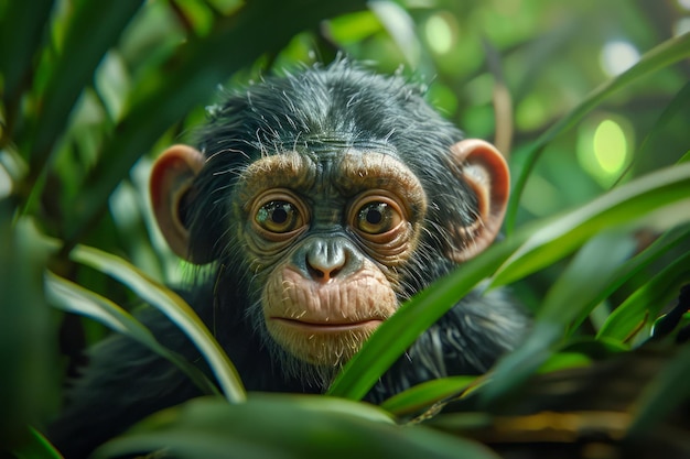 Photo young chimpanzee peeking through dense green foliage in natural habitat close up wildlife portrait