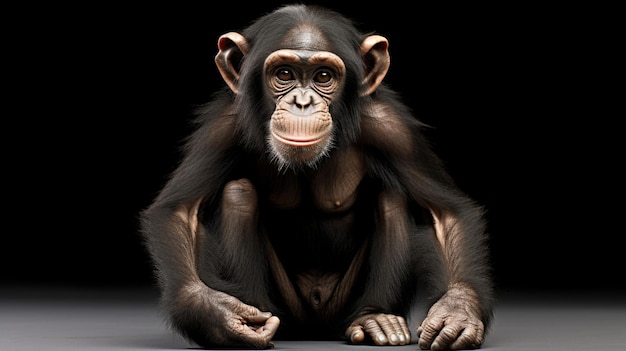 젊은 침팬지 시미아 트로글로다이트가 색 배경 앞에 앉아 있습니다.