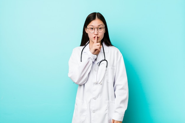 Young chinese doctor woman keeping a secret or asking for silence.