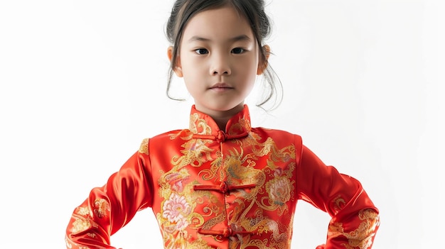 Молодая китайская девушка с руками на бедрах