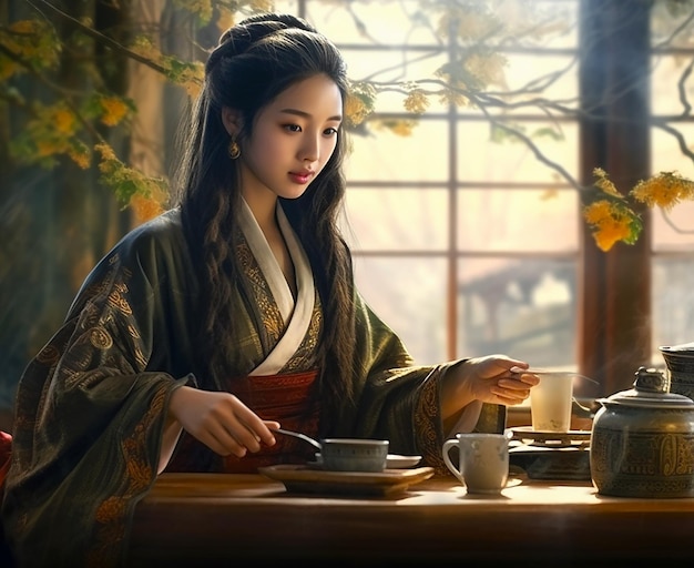 A young Chinese girl in a traditional kimono drinks tea in a Chinese interior