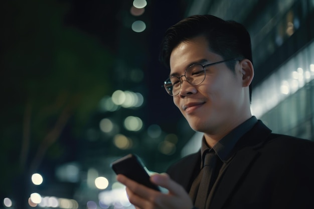 A young chinese Japanese businessman executive using mobile phone with background of modern office buildings at night Generative AI AIG18