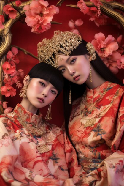 写真 伝統的な東洋のキモノを着た若い中国のレズビアンカップル lgbtコンセプト