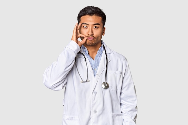 Photo young chinese man as a medical doctor in studio with fingers on lips keeping a secret