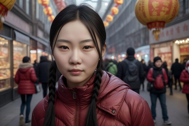 中国の新年を街で祝う若い中国人女性