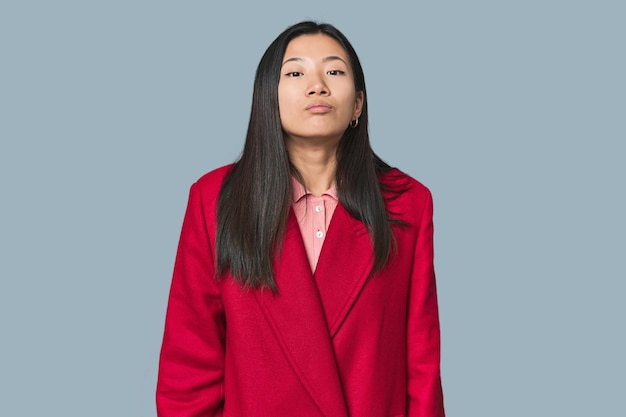 Young Chinese woman in studio setting shrugs shoulders and open eyes confused