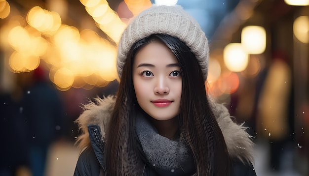 신년 축제에서 모자를 입은 젊은 중국 여성