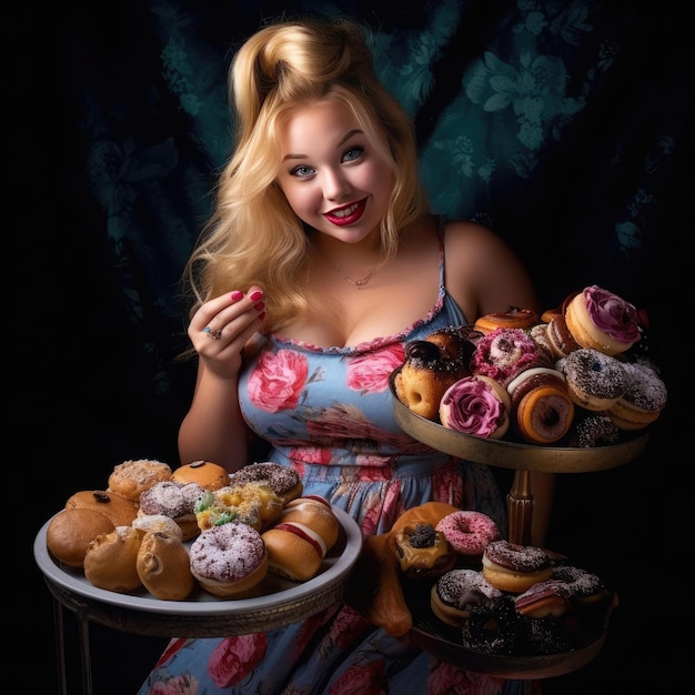 Young chubby woman holding a tray of junk food