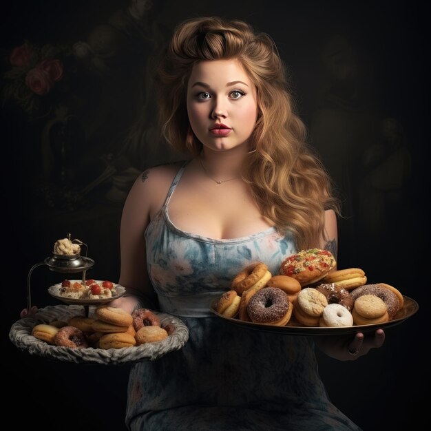 Young chubby woman holding a tray of junk food