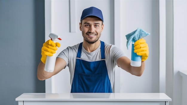 Young cleaning man wearing casual clothes and cap holding cleaning spray and rag ready to clean smi