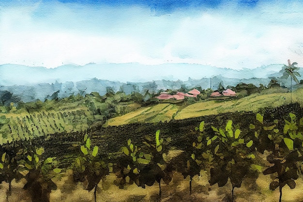 Young coffee plantation skyline landscape watercolor oil painting effect Generative Ai