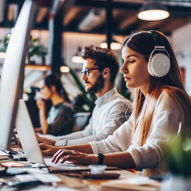 Young colleagues work in office using computers