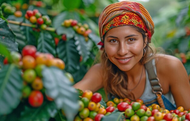 Photo a young colombian lady harvesting coffee beans