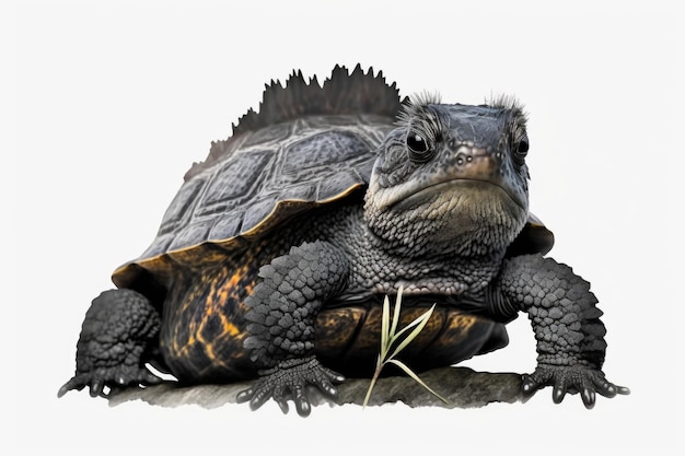 Young Common Snapping Turtle viewed from above isolated on white