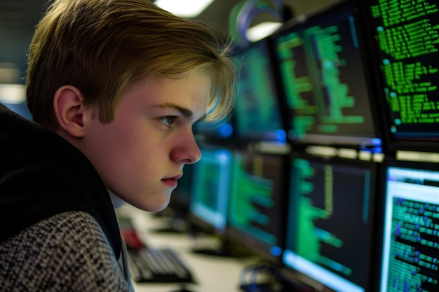 a young computer scientist is seated in front of several computer monitors working on developing encryption algorithms a young computer scientist developing encryption algorithms