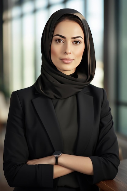 A young confident arabian asian muslim woman in abaya hijab with hands crossed folded in a modern office