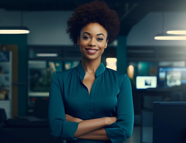 молодая уверенная в себе чернокожая офисная работница деловая женщина африканского наследия позирует в офисе