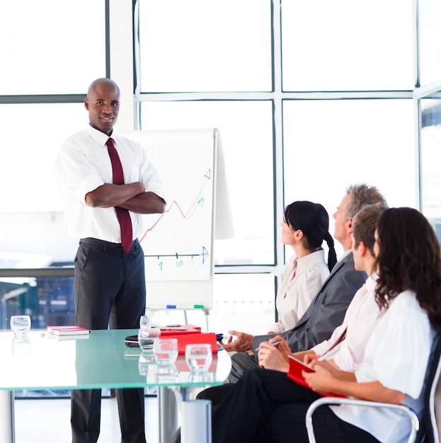 Young confident businessman giving a presentation