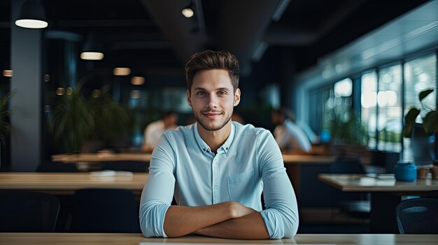 Young confident entrepreneur sitting in modern office smiling and looking at camera