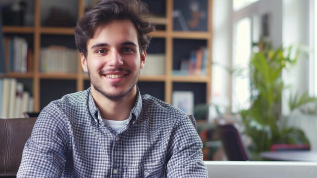 Young confident entrepreneur sitting in modern office smiling and looking at camera